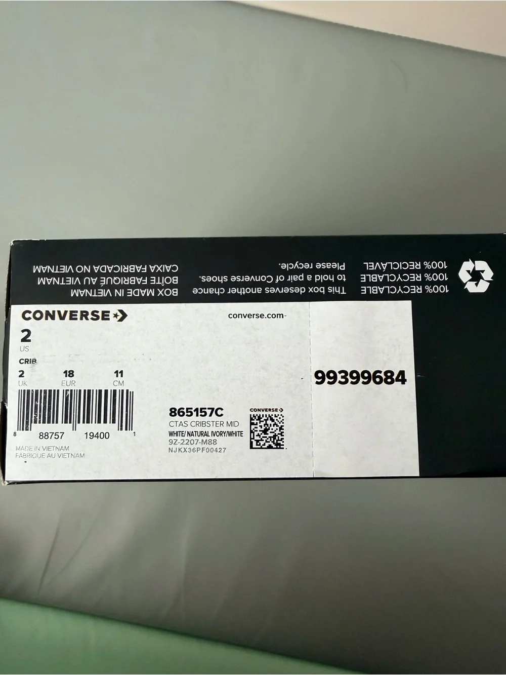Converse Chuck Taylor All Star Cribster Canvas Baby/Infant Shoe White Size 2
